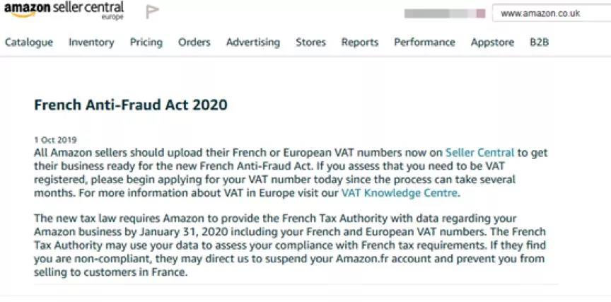 亚马逊发布新通知:未上传法国增值税号商家可能会被禁售